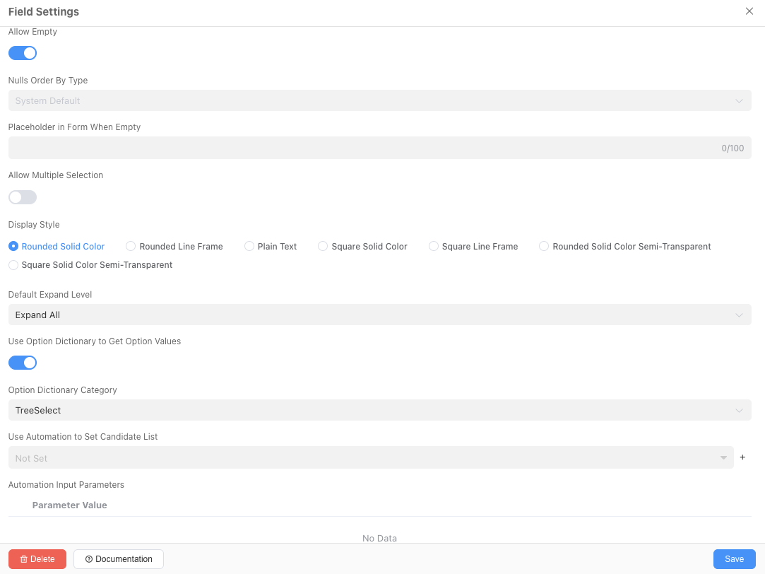 Tree Selection - Field Configuration