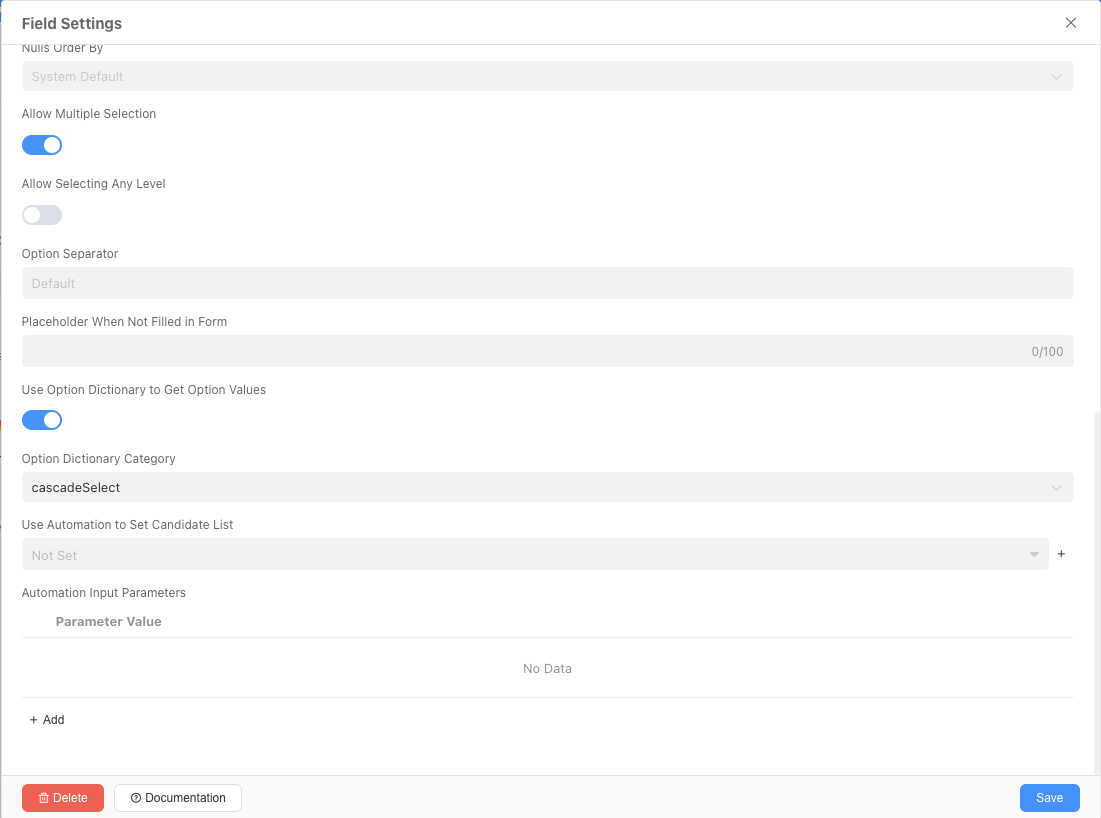 Cascader Selection - Field Configuration